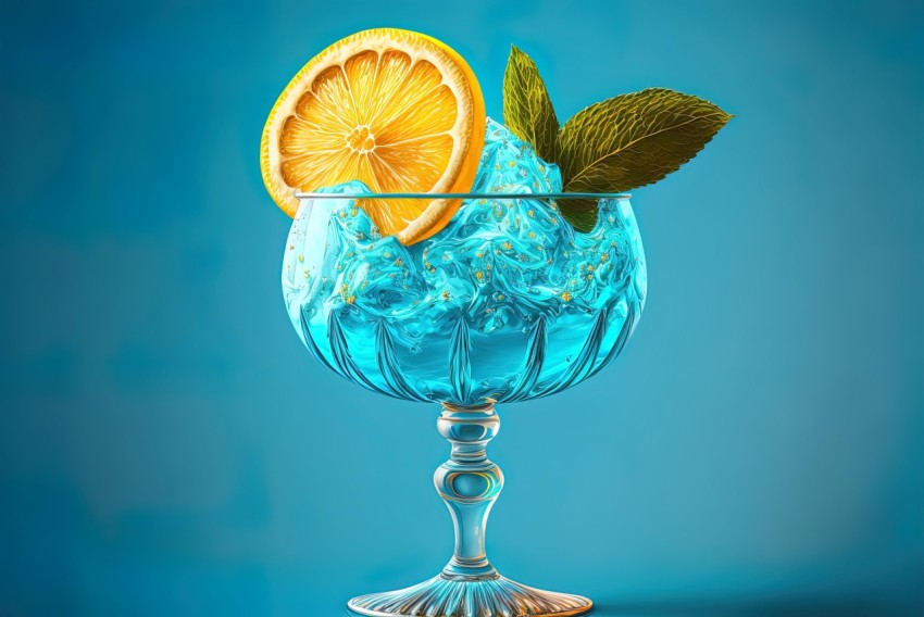 Blue Cocktail with Orange Slice on Blue Background - Realistic Rendering