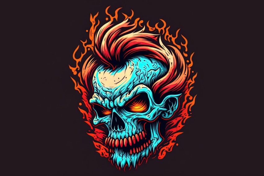 Colorful Caricature Skull with Flames on Black Background