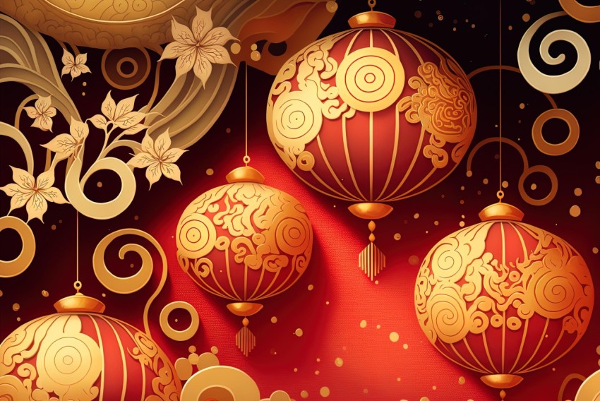 Hyper-Detailed Illustrations of Chinese Lanterns on Red Background