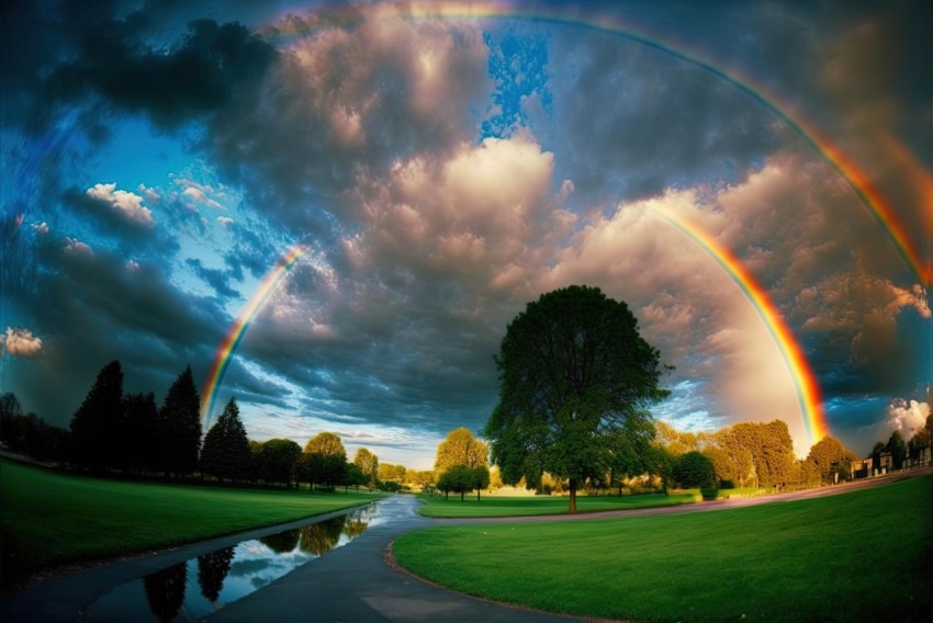 Beautiful Rainbows Over Grass and Clouds - Nature Photography