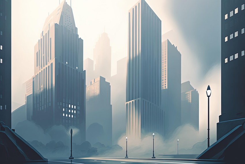 Misty Cityscape with Skyscrapers: Surrealistic Architecture