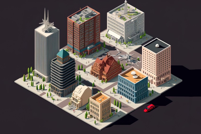 Isometric City Buildings: Darkly Detailed and Playful Illustration
