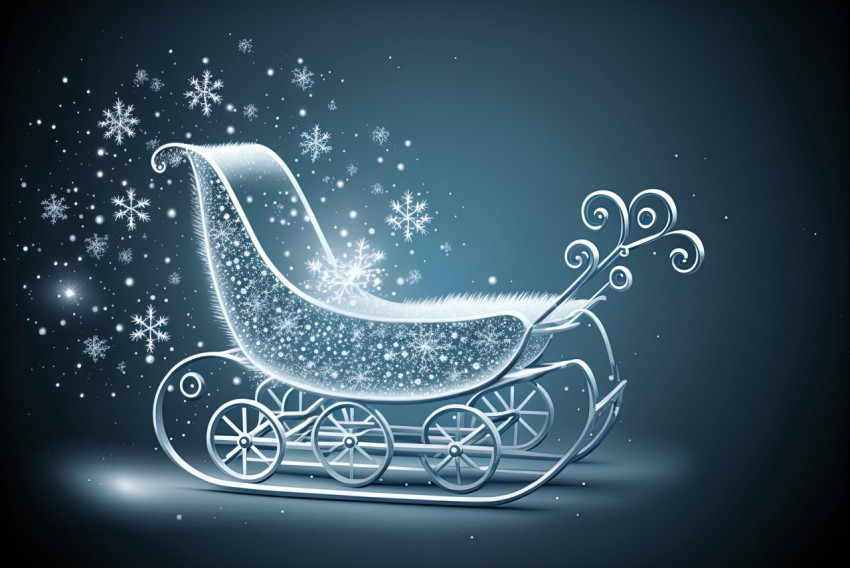 Christmas Sleigh with Snowflakes on Dark Background - Art Illustration