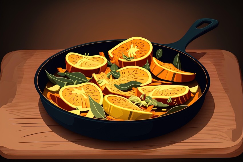 Orange Slices in Frying Pan with Olives and Herbs - Cartoon Style