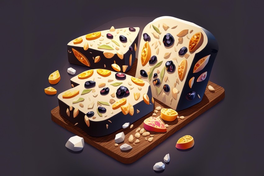 Illustrated Cut Loaf of Bread with Fruits and Nuts | Dark Palette