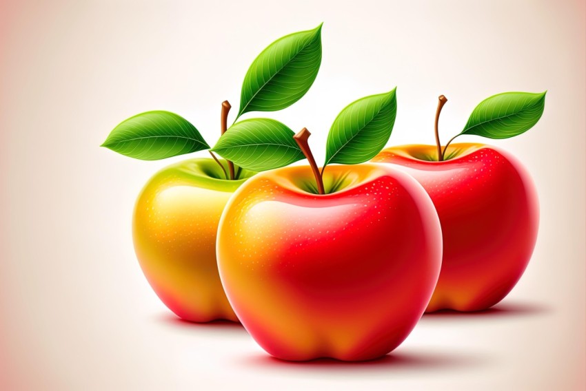 Hyperrealistic Illustration of Colorful Apples with Leaves