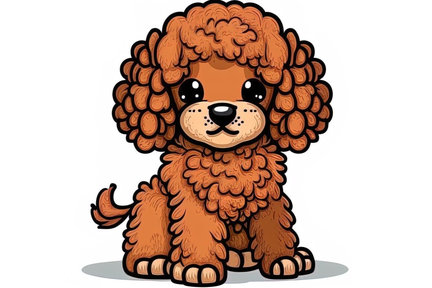Detailed Cartoon Poodle Puppy Portrait | Dark Orange and Light Maroon