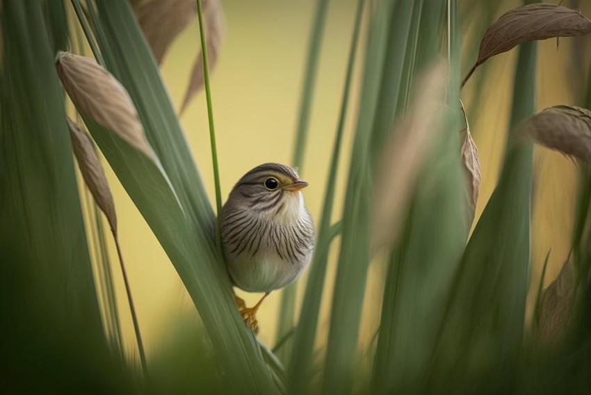 Delicate Bird in Reeds: Highly Detailed Foliage and Soft-Focus Portrait