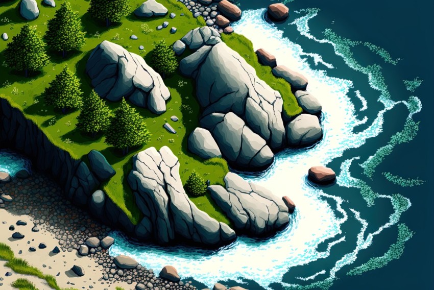 Island with Rocks and Trees - 2D Game Art - Realist Detail
