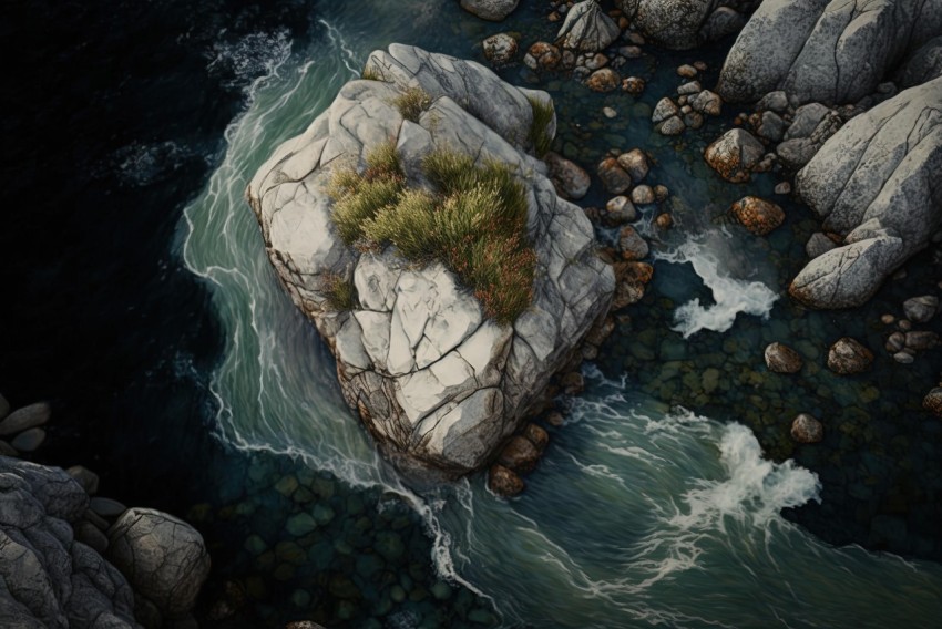 Rock Island in Water: Hyperrealistic Nature-Inspired Art