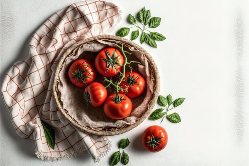 Fresh Tomatoes in Bowl on White Background with Leaves and Towel