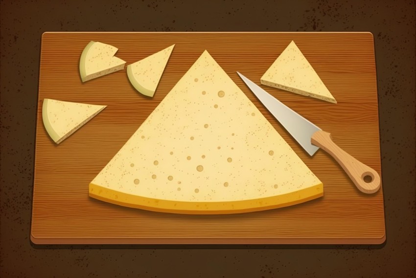Cheese Board with Slices and Knife on Wooden Surface - 2D Game Art