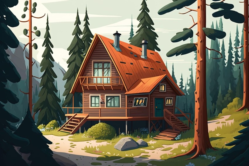 Log House Illustration in Woods | Cartoon Realism