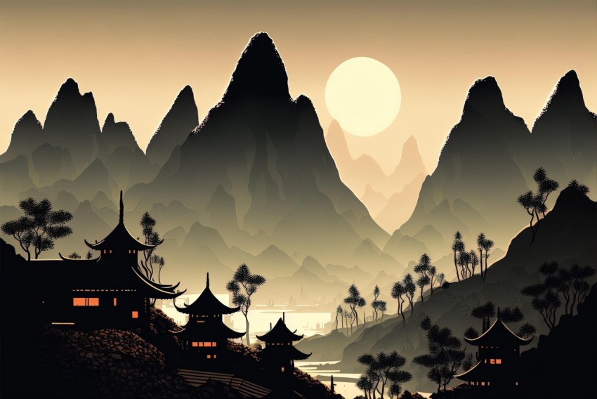 Serene Mountain Landscape with Oriental Minimalism | Fantasy Scenery