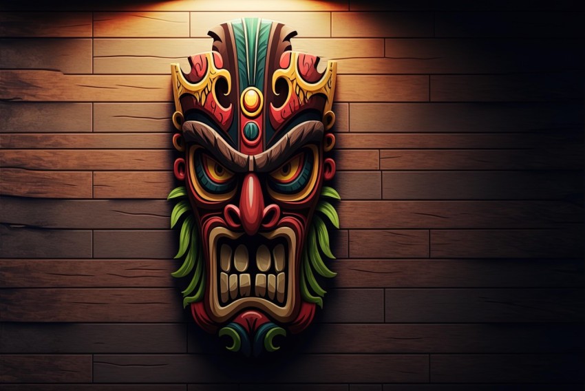 Tiki Mask on Wooden Wall - Traditional Chinese Art