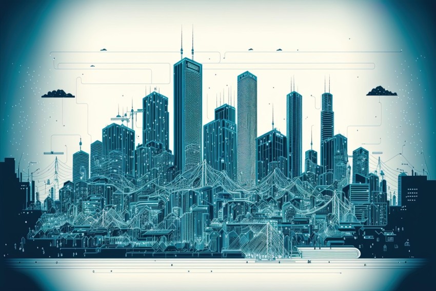Futuristic Digital Illustration of a Blue City with Ornamental Structures