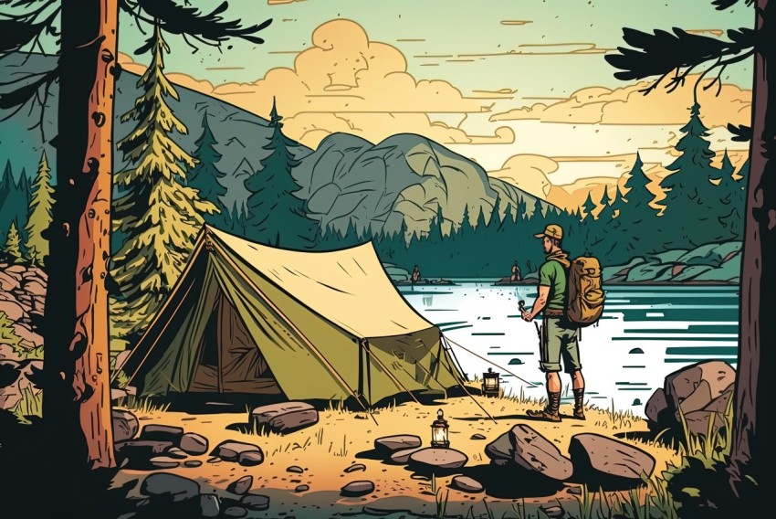 Man Standing Near Tent on Lake - Detailed Comic Book Art