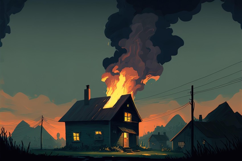 Burning House Illustration in Neo-Pop Style | Detailed Environments