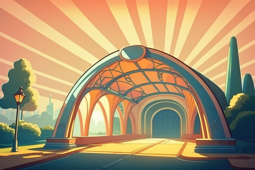 Art Deco Futurism Cartoon Scene with Arch and Tunnel