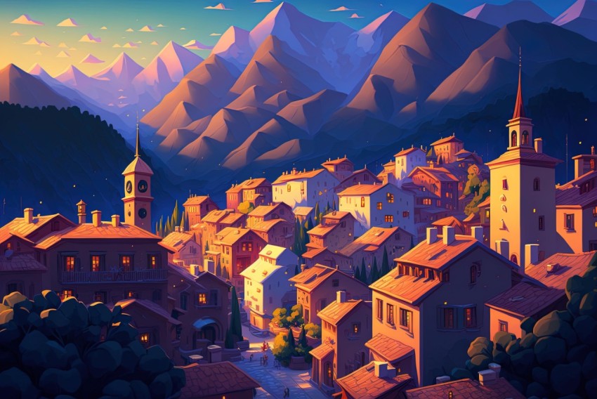 Vibrant Illustration of a Mountain Town with Detailed Character Design