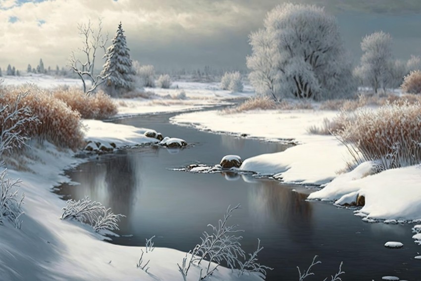 Serene Winter Scene Painting with Snowy Trees and Flowing Stream