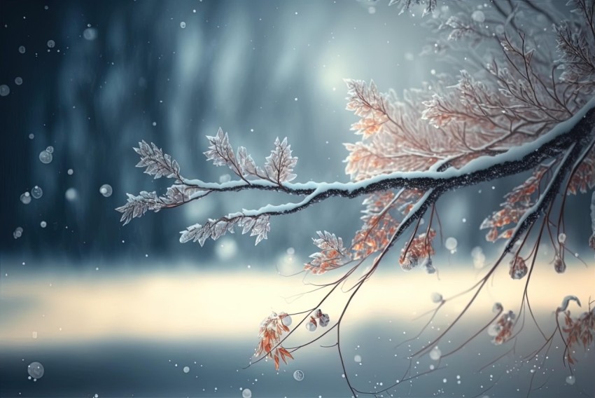 Beautiful Winter Wood Branch with Falling Snow - Dreamlike Illustration
