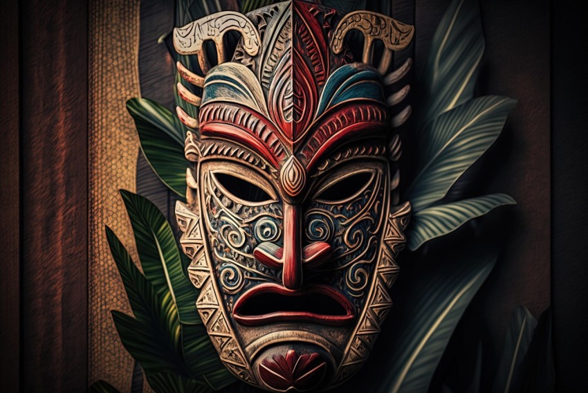 Decorative Tiki Mask in Tropical Foliage | Aggressive Digital Illustration