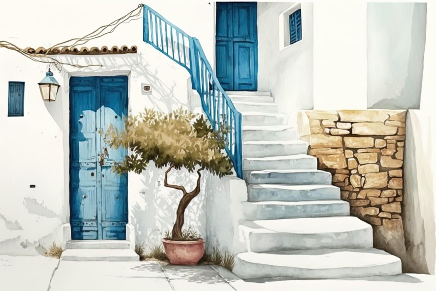 Watercolor Illustration of a Traditional Greek House with Blue Doors