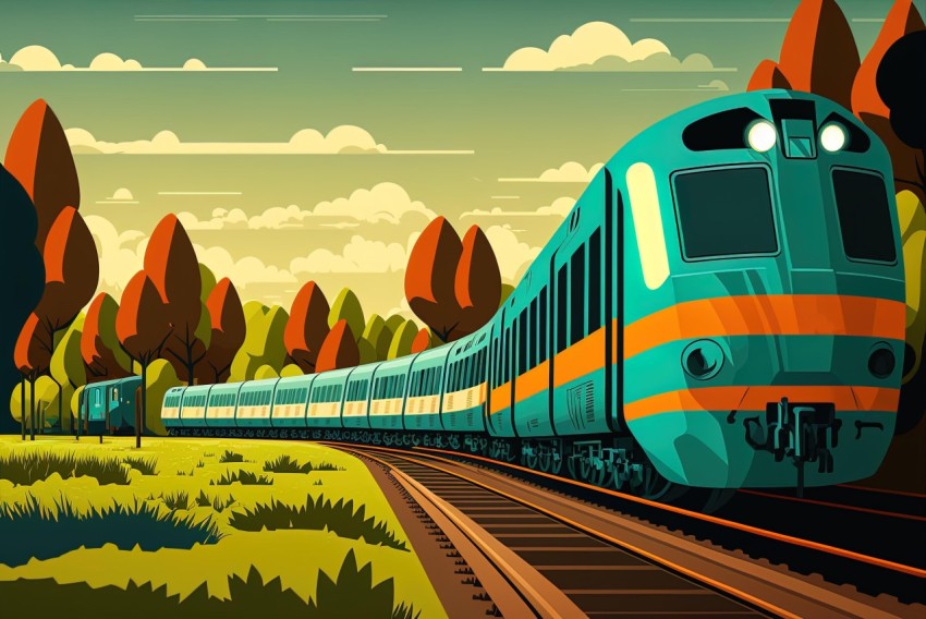 Futuristic Retro Train on Tracks with Busy Landscapes