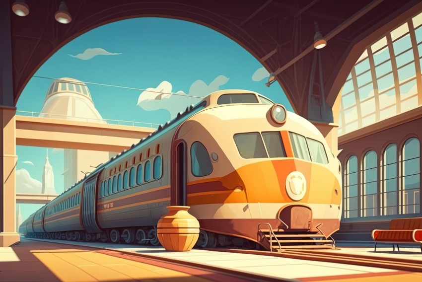 Illustration of a Train Parked in a Warm Color Palette | Detailed Character Design
