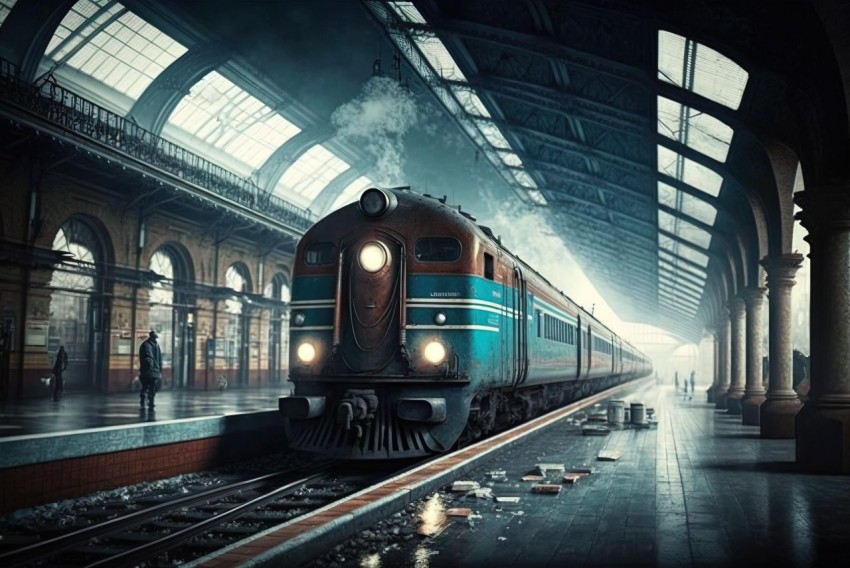 Train Station with Steam: Dark Turquoise and Light Orange Wallpaper
