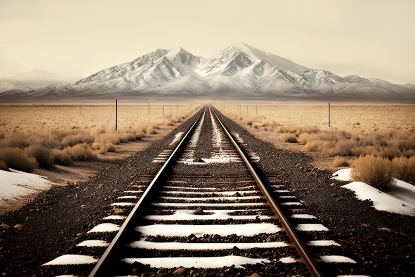 Surrealistic Railroad Track Leading to Mountains | Digital Art