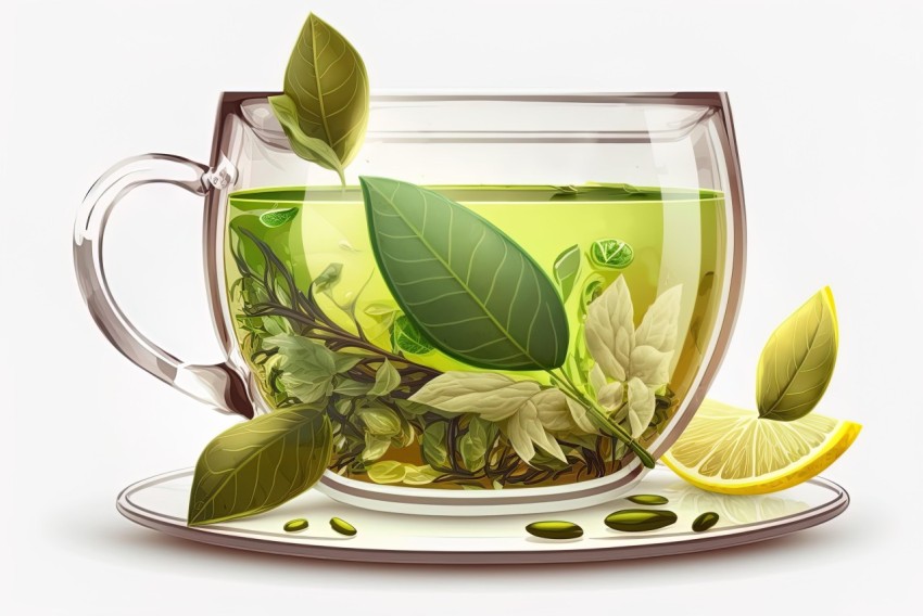 Green Tea with Lemon and Green Leaves - Serene Illustration