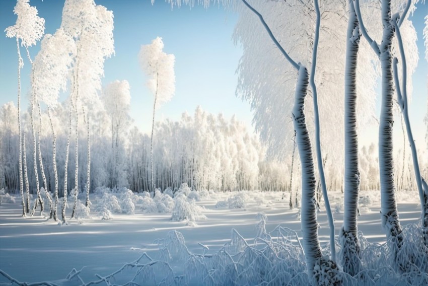 Winter Landscape with White Birch Trees Covered in Frost