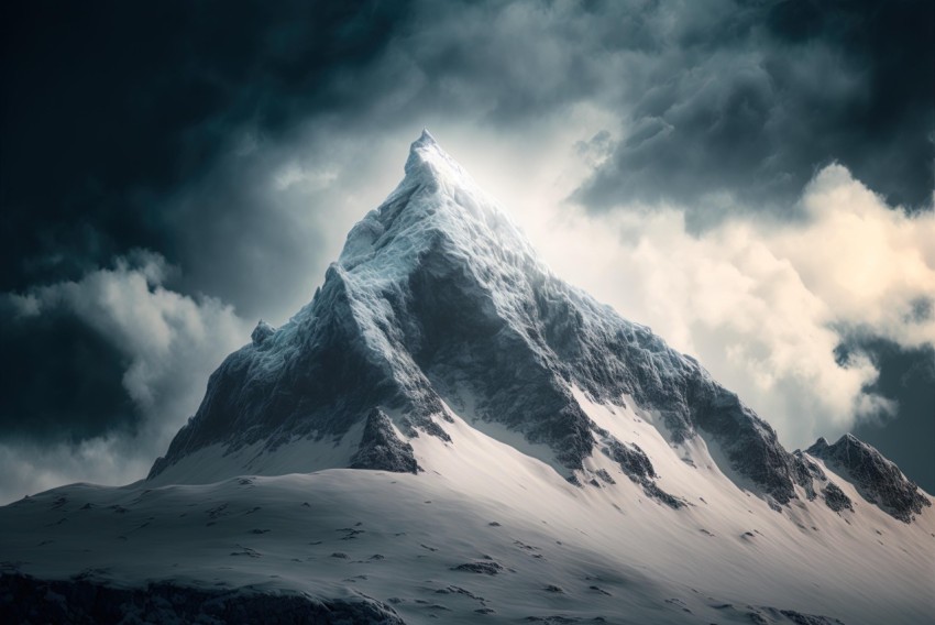 Majestic Mountain Peak in a Turbulent Stormy Sky - Photorealistic Fantasy Art