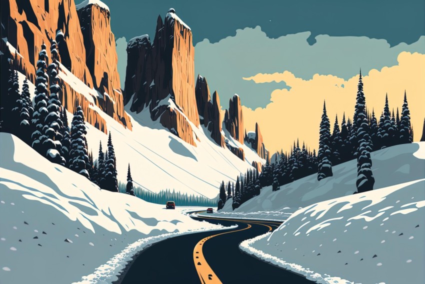 Snowy Mountain Road: Vintage Poster Design with Highly Detailed Environments
