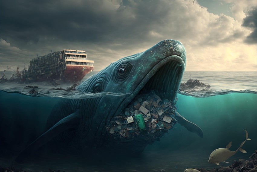 Whale Riding Through Debris: A Realistic Portrait of Environmental Impact