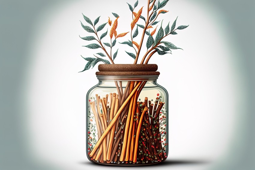 Realistic Illustration of Flowers and Sticks in a Glass Jar | Decor