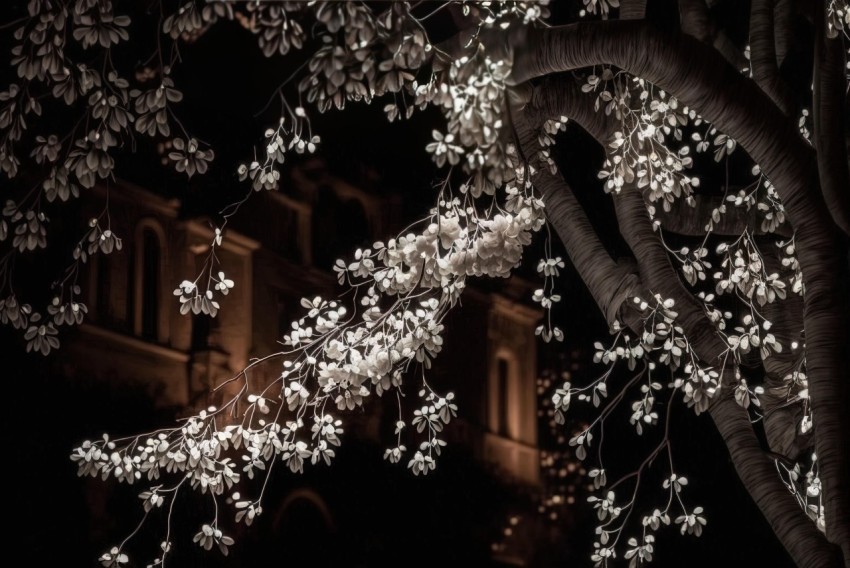 Night Illuminated Tree with White Flowers - Tokina Opera 50mm f/1.4 FF