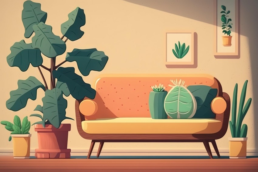 Illustration of a Cute Sofa with Plants in a Room