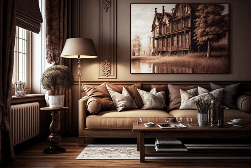 Detailed Realism: Brown Furniture and Lamp in a Romantic Living Room