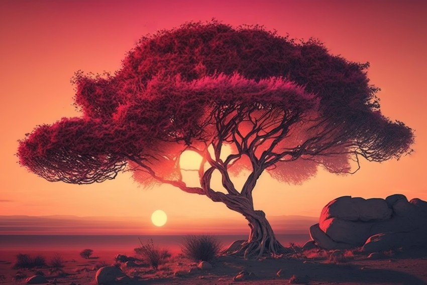 Red Tree in Desert at Sunset | Romantic Fantasy Art