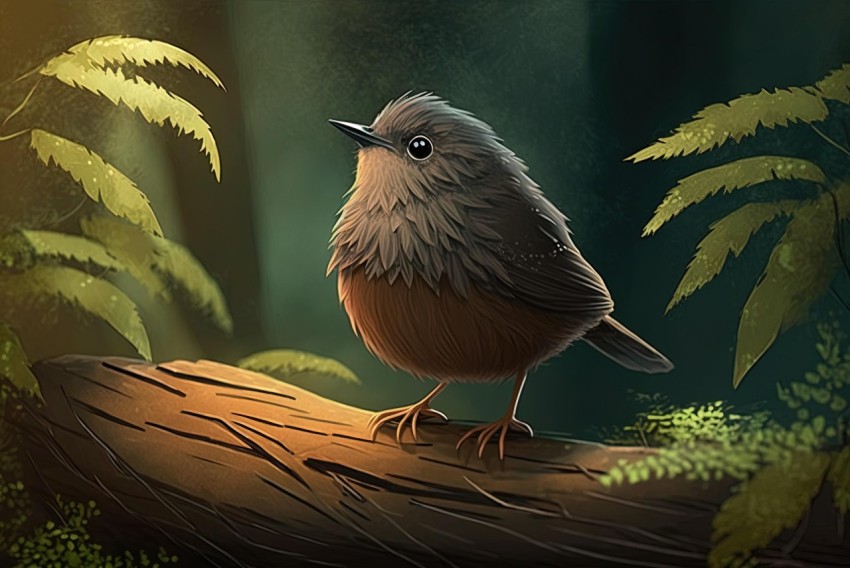 Small Brown Bird Sitting on Log in Woods - Hyper-Realistic Animal Illustration