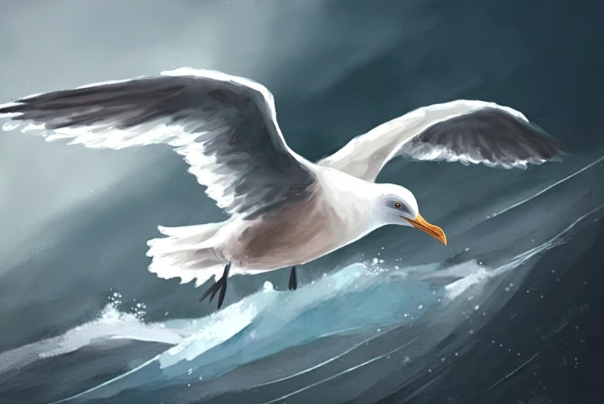 Seagull Flying Over the Ocean - Detailed Character Design Painting