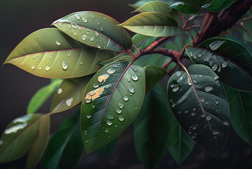 Realistic Green Leaf with Water Droplets - Tranquil Gardenscape