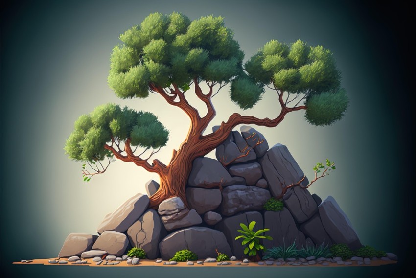 Cartoon Scene with Rocks and Tree - Realistic Details and Soft Gradients