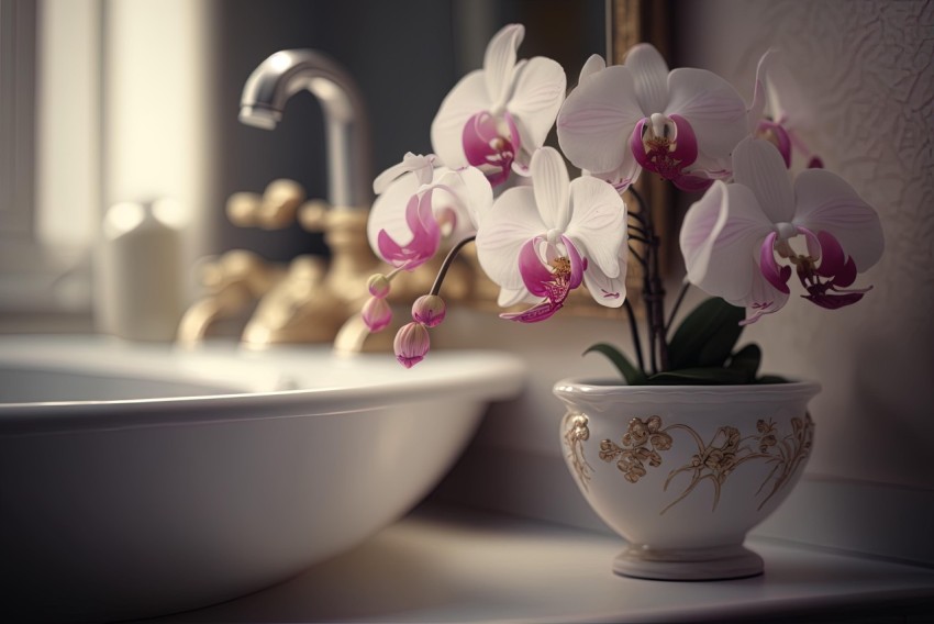 White and Pink Orchid in Polished Vase | Vintage Atmosphere