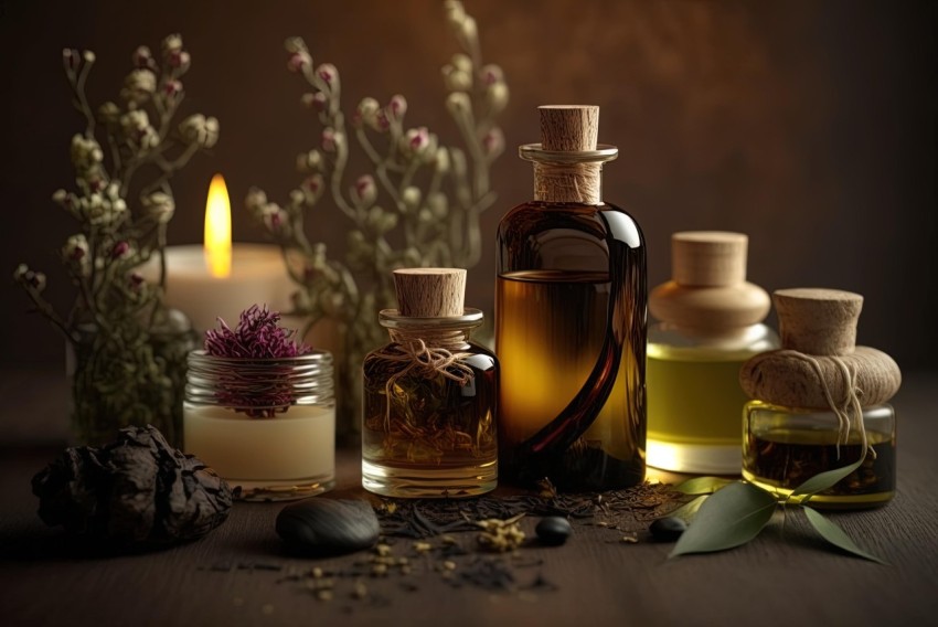 Dark Romantic Aromatic Essential Oils on Wooden Table