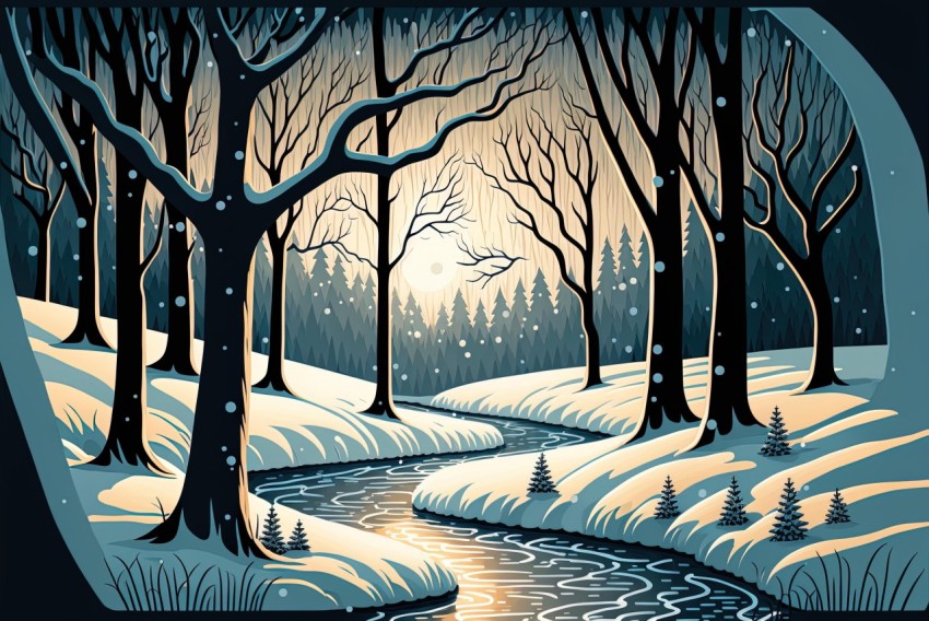 Winter Forest with River - Detailed Illustration