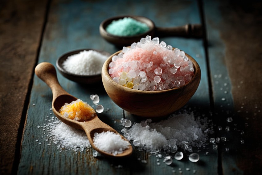 Salt in a Wooden Bowl - Dark Pink and Aquamarine Tones